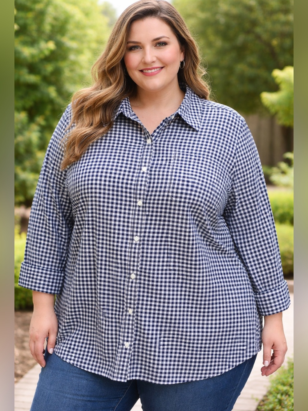 Karen Scott Woman Blue And White Hite Gingham Check Button dDown Shirt.Sz(2X)